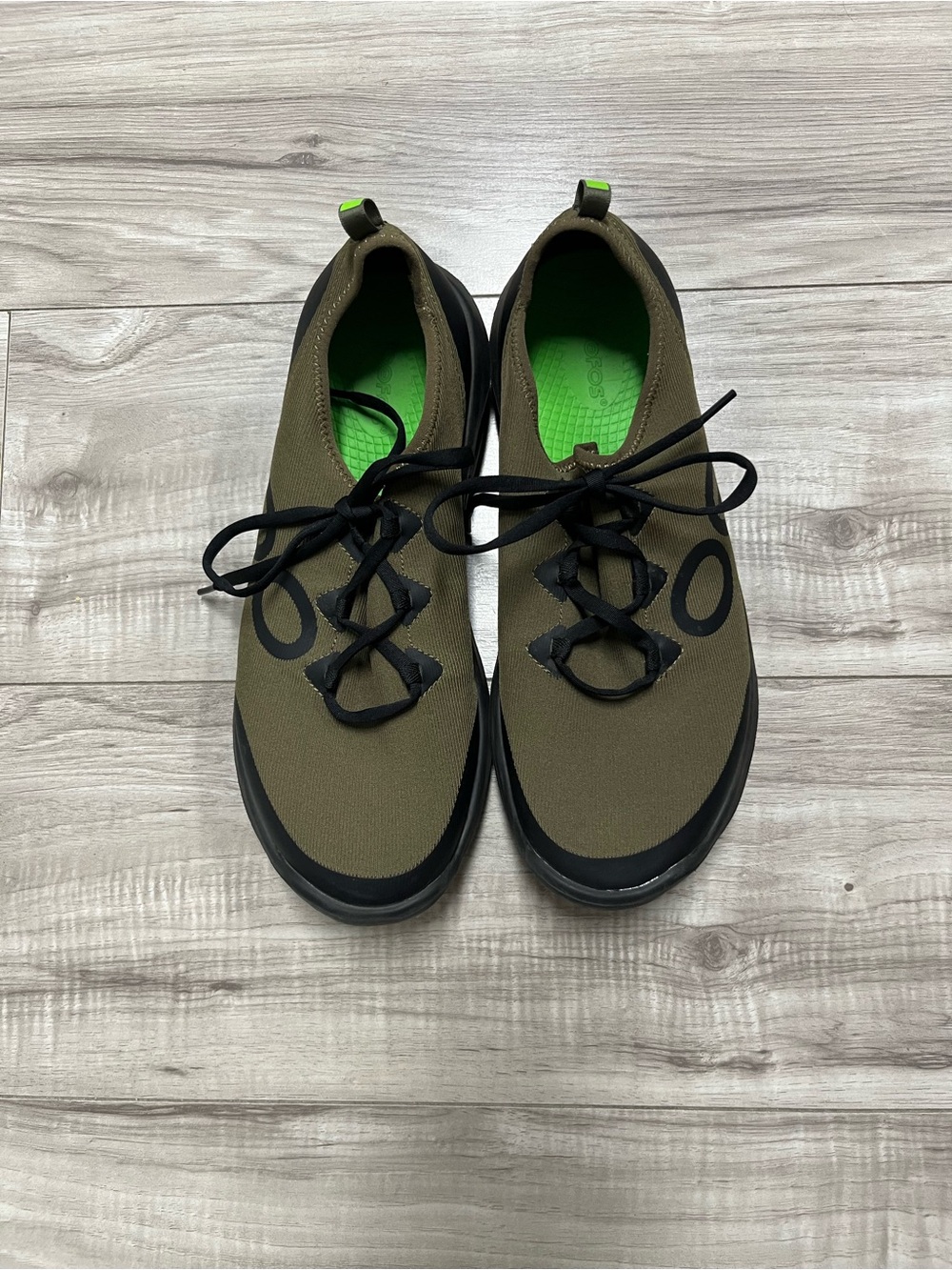OOFOS Men's Olive Green Athletic Shoes with Black Accents